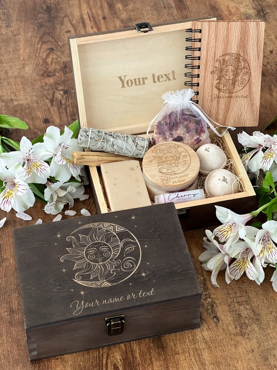 Personalized Sun & Moon Wooden Box: Crystal, Tarot Card, Gift Set, Stash Box