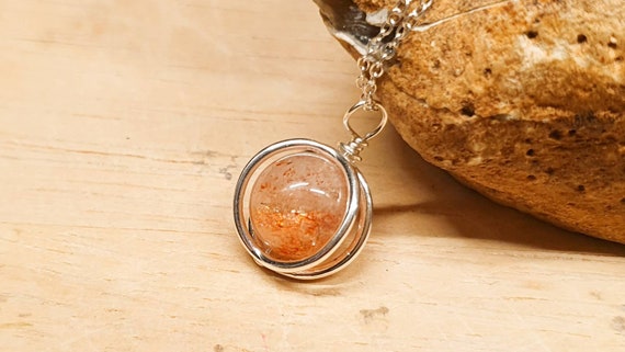 Small 3d Circle Sunstone Pendant Necklace. Reiki Jewelry Uk. 10mm Peach Semi Precious Stone. 925 Sterling Silver Necklaces For Women