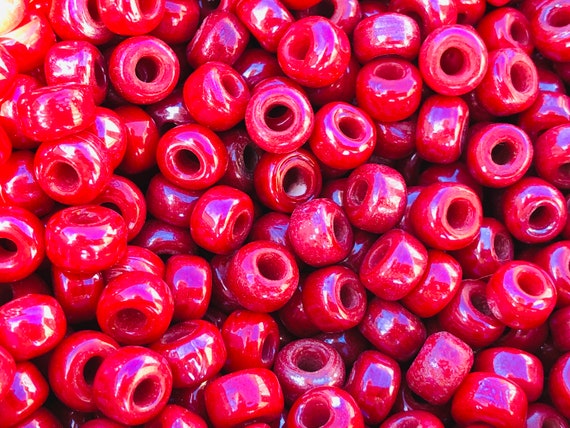 50pc Vintage Red Luster Glass Crow Beads - Large Hole Macrame Beads