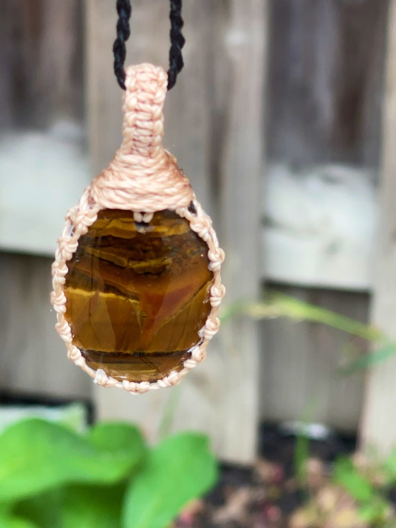 Tiger Eye Necklace For Women, Iron Tiger Eye Cabochon Pendant, Boho Jewelry Handmade, Macrame Rock Necklace  For Men,tribal Inspired Jewelry