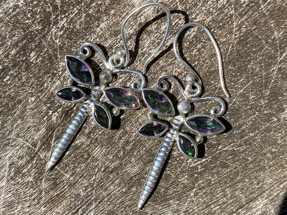 Mystic Topaz, Dragonfly, Healing Stone Earrings, 925 Silver With Positive Healing Energy!