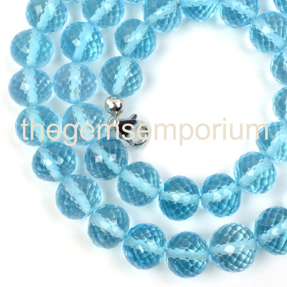 9-10mm Swiss Blue Topaz Faceted Round Necklace, Blue Topaz  Faceted Round Beads, Blue Topaz  Beads, Round Beads, Topaz Necklace