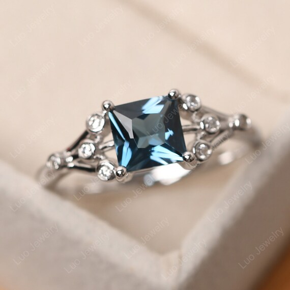 Art Deco Ring,princess Cut London Blue Topaz Statement Ring, November Birthstone