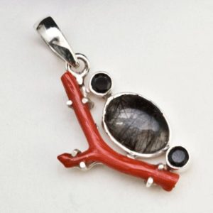 Shop Tourmalinated Quartz Pendants! Sterling Silver Tourmalated Quartz And Coral Pendant | Natural genuine Tourmalinated Quartz pendants. Buy crystal jewelry, handmade handcrafted artisan jewelry for women.  Unique handmade gift ideas. #jewelry #beadedpendants #beadedjewelry #gift #shopping #handmadejewelry #fashion #style #product #pendants #affiliate #ad