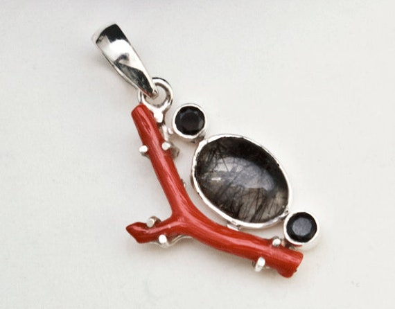 Sterling Silver Tourmalated Quartz And Coral Pendant