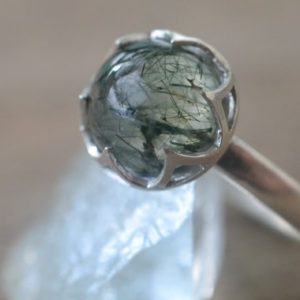 Green Tourmalated Quartz Ring, Bezel Set 10mm Natural Stone, Unique Crystal Cabochon, Recycled 925 Sterling Silver Cocktail Jewellery | Natural genuine Tourmalinated Quartz rings, simple unique handcrafted gemstone rings. #rings #jewelry #shopping #gift #handmade #fashion #style #affiliate #ad