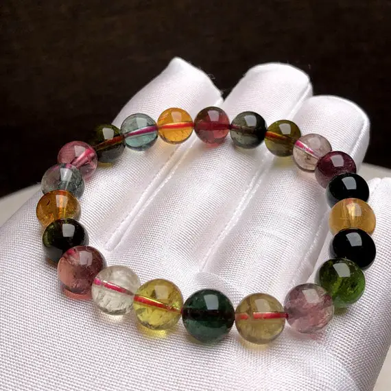 Natural Rainbow Tourmaline Bracelet Small Round Beads,stunning Rare Elegant Tourmaline Multicolor Stretch Crystal,charming Gem Jewelry Gift