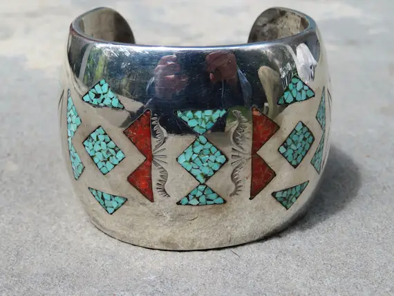 Native American Jewelry, Vintage Turquoise Coral Bracelet, Navajo Chip Inlay