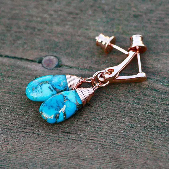 Copper Infused Natural Turquoise Wire Wrapped Earrings 14k Rose Gold Filled, December Birthstone, 11th Anniversary , Healing Gem