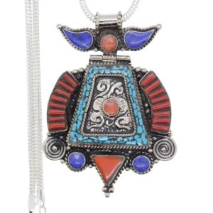 Shop Turquoise Pendants! 3 Inch Samurai Armor Shaped Turquoise Coral Tibetan Silver Nepal Gemstone Necklace by Indigenous Artisans  N16 | Natural genuine Turquoise pendants. Buy crystal jewelry, handmade handcrafted artisan jewelry for women.  Unique handmade gift ideas. #jewelry #beadedpendants #beadedjewelry #gift #shopping #handmadejewelry #fashion #style #product #pendants #affiliate #ad