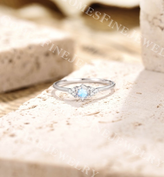 Unique Moonstone Engagement Ring | White Gold Moonstone Ring | Round Cut Cluster Ring | Rainbow Moonstone Promise Ring | Dainty Ring