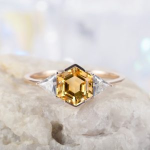 Vintage Hexagon Natural Citrine Engagement Ring, Three Stone Ring, Yellow Citrine Wedding Ring,14K 18K Rose Gold /Silver Promise Ring Gift | Natural genuine Array rings, simple unique alternative gemstone engagement rings. #rings #jewelry #bridal #wedding #jewelryaccessories #engagementrings #weddingideas #affiliate #ad