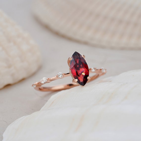 Vintage Marquise Cut Garnet Engagement Ring, Unique Rose Gold Or Sterling Silver Anniversary Promise Wedding Ring Meaningful Gift For Women