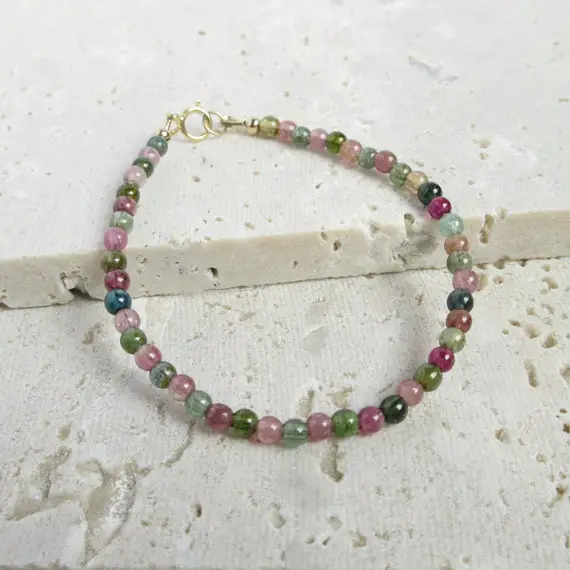 Watermelon Tourmaline Beads Bracelet, 14k Gold Filled Clasp