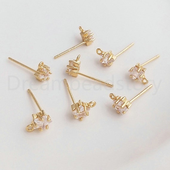 2-100 Pcs Cz Earring Post Lots Bulk Supply 14k Gold Plated Zircon Star Charm Blank Stud Setting With Closed Ring