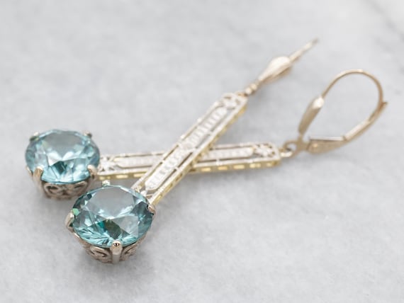 Blue Zircon Drop Earrings, Two Tone Gold Zircon Earrings, Bar Drop Earrings, Gemstone Earrings, Bridal Jewelry, Birthday Gift A15085