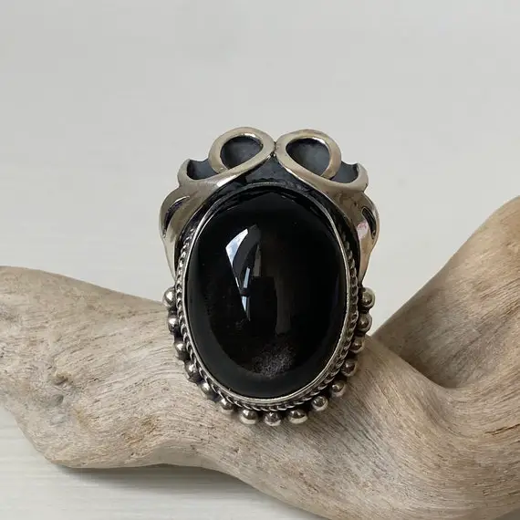 Adjustable Ring, Black Obsidian Ring Silver, Black Gemstone Ring Women, Black Ring Victorian Woman, Vintage Style Ring Big Large Silver Ring