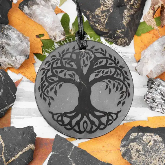 Big Size Shungite Necklace 1.77 In | Shungite Celtic Tree Of Life Amulet | Authentic Russian Shungite Black Stone
