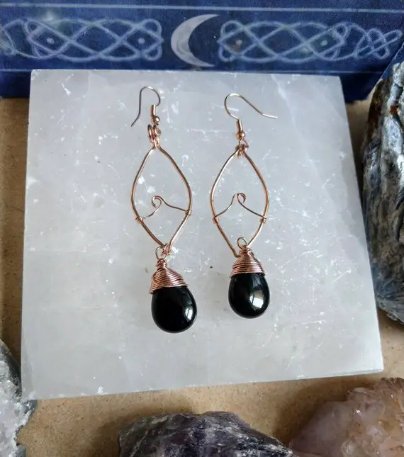 Black Obsidian Earrings Natural Stone Rose Gold Wire Wrapped  - Courage, Strength, Protection, Grief, Truth