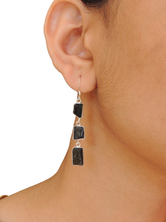 Black Tourmaline Earrings | Black Tourmaline Drop And Dangle | Handmade Jewelry | Sterling Silver 925