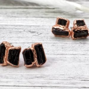 Black Tourmaline Earrings / Raw Crystal Copper Studs / Libra Birthstone Earrings / Electroformed Jewelry | Natural genuine Gemstone earrings. Buy crystal jewelry, handmade handcrafted artisan jewelry for women.  Unique handmade gift ideas. #jewelry #beadedearrings #beadedjewelry #gift #shopping #handmadejewelry #fashion #style #product #earrings #affiliate #ad