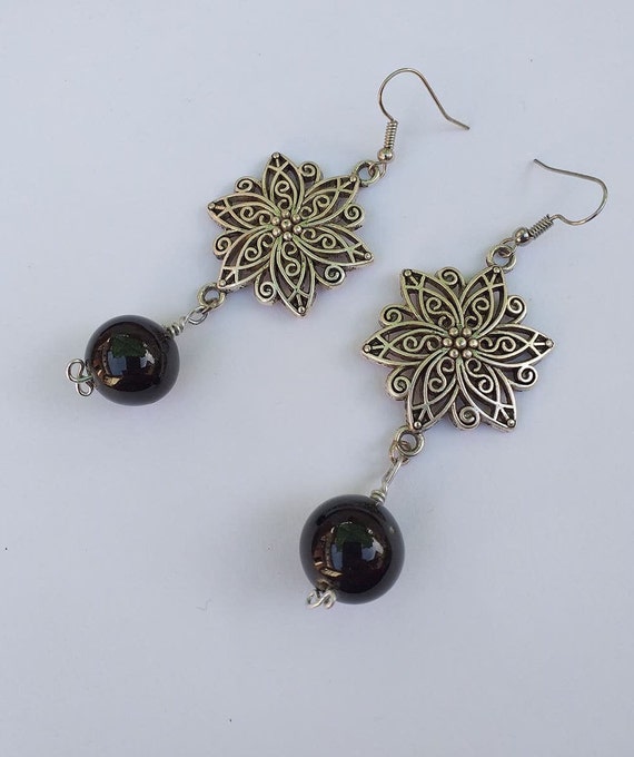 Black Diamond Earrings Silver Earrings Victorian Earrings Filigree Earrings Boho Bohemian Earrings Vintage Earrings Flower Earrings Gift