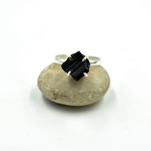Shop Black Tourmaline Rings! Black Tourmaline Raw Crystal Ring, Tourmaline Silver Ring, Healing Birthstone Jewelry, Prong Set Tourmaline Rough Stone Ring, Gift For Her | Natural genuine Black Tourmaline rings, simple unique handcrafted gemstone rings. #rings #jewelry #shopping #gift #handmade #fashion #style #affiliate #ad