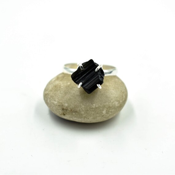 Black Tourmaline Raw Crystal Ring, Tourmaline Silver Ring, Healing Birthstone Jewelry, Prong Set Tourmaline Rough Stone Ring, Gift For Her