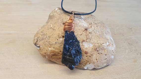 Copper Raw Black Tourmaline Pendant. October Birthstone. Unisex Crystal Reiki Jewelry Uk. Wire Wrapped Pendant