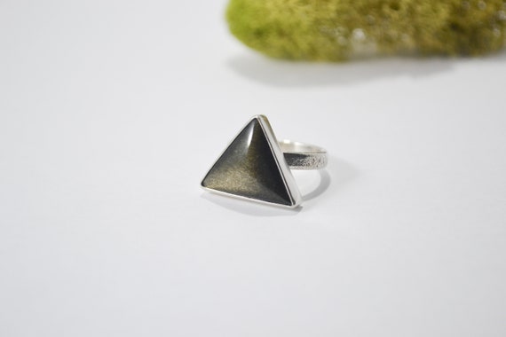 Gold Sheen Obsidian Ring, Triangle Shape Ring, Geometric Jewelry, Women's Size 6.5