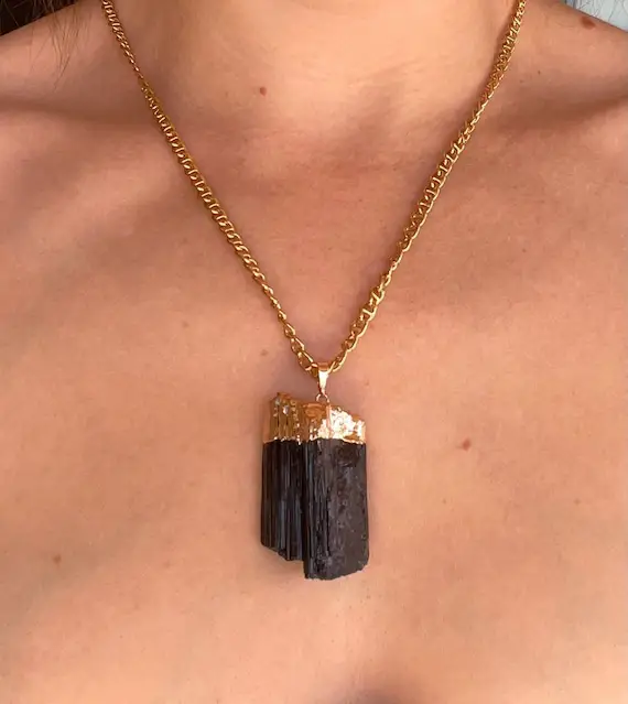 Large Raw Black Tourmaline Pendant And Chain Necklace