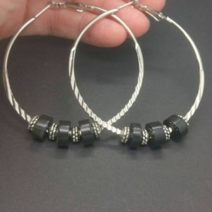 Shop Obsidian Earrings! Large Silver Hoop Earrings, Textured Iron Lever Back Hoops, with Black Obsidian Floating Rondelles, Removable Beads | Natural genuine Obsidian earrings. Buy crystal jewelry, handmade handcrafted artisan jewelry for women.  Unique handmade gift ideas. #jewelry #beadedearrings #beadedjewelry #gift #shopping #handmadejewelry #fashion #style #product #earrings #affiliate #ad