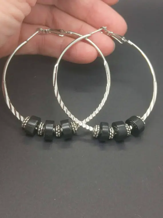 Large Silver Hoop Earrings, Textured Iron Lever Back Hoops, With Black Obsidian Floating Rondelles, Removable Beads