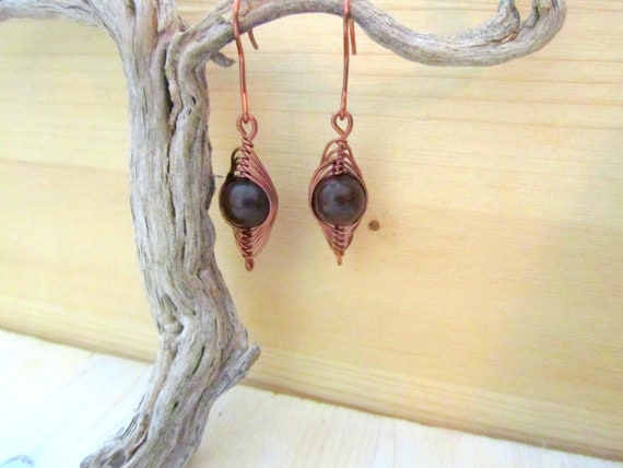 Mahogany Obsidian Earrings, Obsidian Earrings, Hippie Jewelry, Red Stone Earrings, Healing Stone, Antique Copper Wire, Gem Stone Earrings