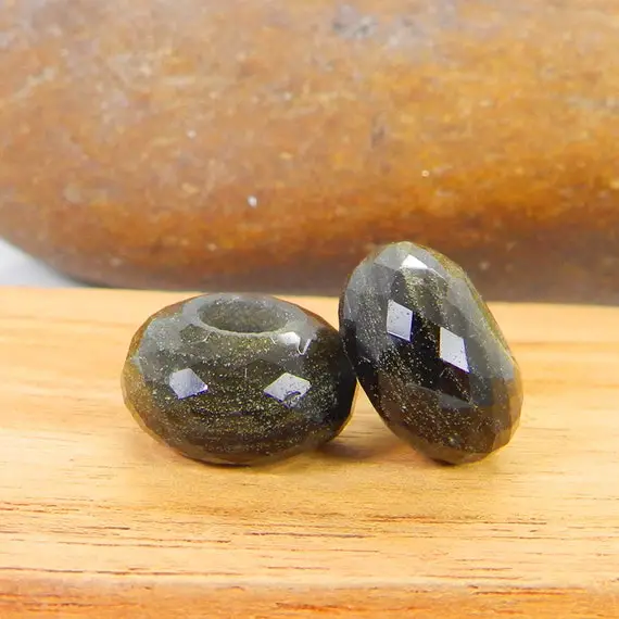 Natural Gold Sheen Obsidian Rondelle Facet 14 X 8 Mm With 5 Mm Hole European Charm Beads Loose Gemstone Big Hole Beads For Jewelry Bracelet