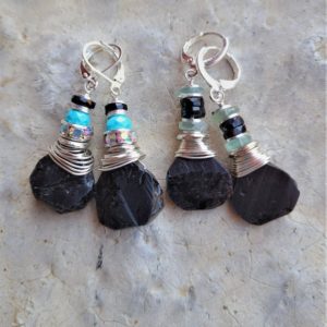 Shop Black Tourmaline Earrings! Raw Black Tourmaline Earrings, 2 Styles: Sterling Wire Wrap, Real Turquoise, Aquamarine Wheels, Rainbow Rhinestones, Black Spinel, Giftable | Natural genuine Black Tourmaline earrings. Buy crystal jewelry, handmade handcrafted artisan jewelry for women.  Unique handmade gift ideas. #jewelry #beadedearrings #beadedjewelry #gift #shopping #handmadejewelry #fashion #style #product #earrings #affiliate #ad