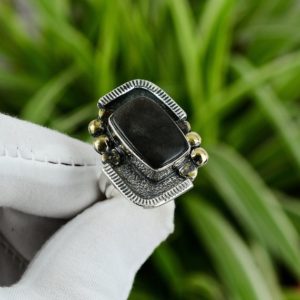 Shop Obsidian Rings! Silver Sheen Obsidian Ring 925 Sterling Silver Ring Adjustable Ring 18K Gold Plated Handmade Ring Gemstone Ring Brand New Ring Gift For Her | Natural genuine Obsidian rings, simple unique handcrafted gemstone rings. #rings #jewelry #shopping #gift #handmade #fashion #style #affiliate #ad