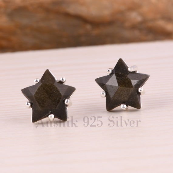 Stud Sheen Obsidian Earrings - 925 Silver Gemstone Earrings - Simple Stud Earrings - Dainty Stud Earrings - Star Earrings Jewelry For Her.