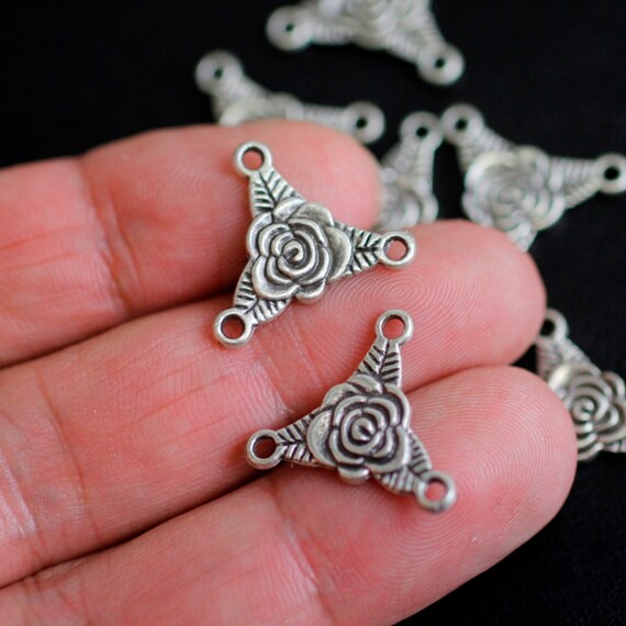 10 Rose Flower Charms, Sterling Silver Plated Connectors, Jewelry Making, Zm02 As