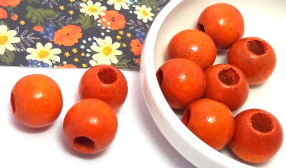 Orange Wood Beads, Large Hole, Vintage Wooden Jewelry, Macrame, Hair Beads (17mm, 10 Pieces)
