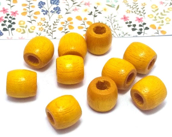 Yellow Wood Beads, Large Hole, Vintage Wooden Jewelry Macrame Hair Bead (11mm, 10 Pieces)