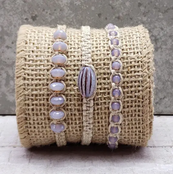 7 1/4" - Pale Amethyst Opal Hemp Bracelet Set - Czech Beaded Macrame Bracelets - Boho Gypsy Stackable Beachy Hemp Jewelry Gift Women Girls
