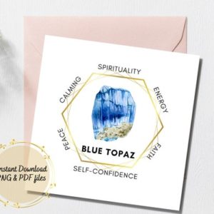 Shop Printable Crystal Cards, Pages, & Posters! Blue Topaz gemstone printable crystal meaning card. Product tags printable labels, gemstone meaning jewelry display cards. Packaging inserts | Shop jewelry making and beading supplies, tools & findings for DIY jewelry making and crafts. #jewelrymaking #diyjewelry #jewelrycrafts #jewelrysupplies #beading #affiliate #ad