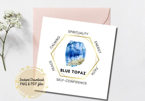 Blue Topaz Gemstone Printable Crystal Meaning Card. Product Tags Printable Labels, Gemstone Meaning Jewelry Display Cards. Packaging Inserts