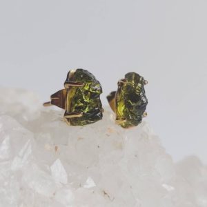 Shop Moldavite Jewelry! Certified Czech Republic Moldavite Prong Stud Earrings | 925 Sterling Silver, 18k Yellow/Rose Gold Plated Moldavite Earrings | Natural genuine Moldavite jewelry. Buy crystal jewelry, handmade handcrafted artisan jewelry for women.  Unique handmade gift ideas. #jewelry #beadedjewelry #beadedjewelry #gift #shopping #handmadejewelry #fashion #style #product #jewelry #affiliate #ad
