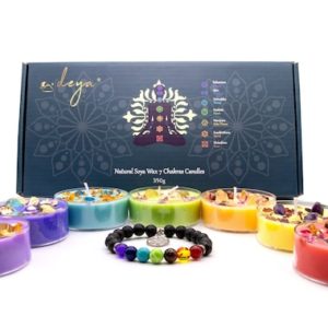 Complete Set of 7 Chakra Scented Candles Infused with Crystals and Flowers (includes natural stone 7-chakra bracelet with tree pendant gift)