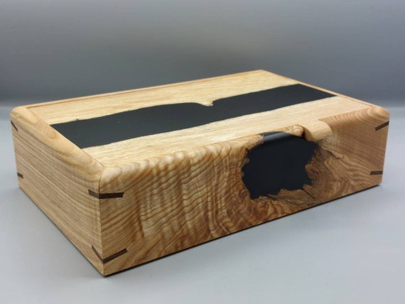 Handcrafted Ash Wood Keepsake Box: Black Epoxy Resin River, Red Velvet Lined
