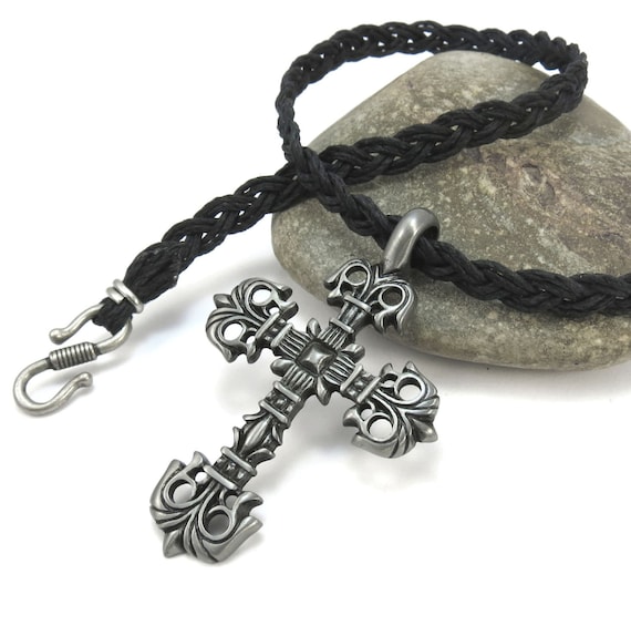 Filigree Cross Pendant, Gunmetal Pewter, Braided Hemp Necklace