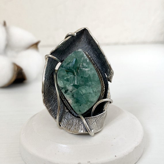 Large Ring Gemstone Raw Fluorite Ring Sterling Silver Green Stone Ring Crystal, Mineral Ring Artisan Jewelry Abstract Design Ring For Women