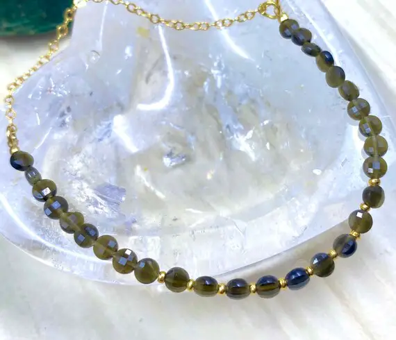 Moldavite Bracelet | Moldavite Faceted Bead Bracelet With Silver Or Gold Chain | Beaded Moldavite Meteorite Chain Bracelet